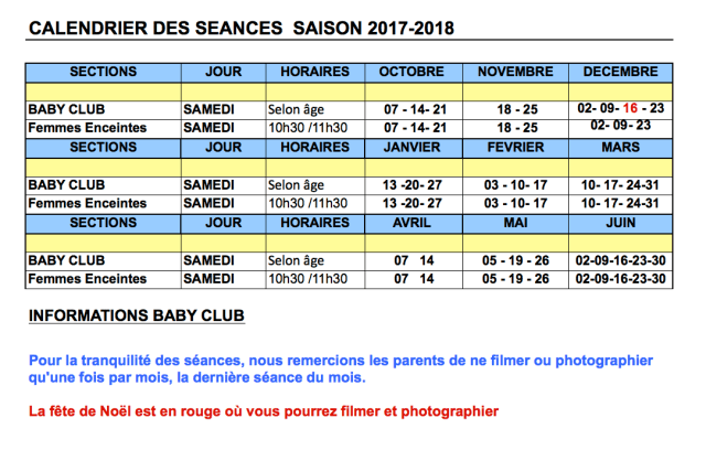 Calendrier bébés nageurs 20172018
