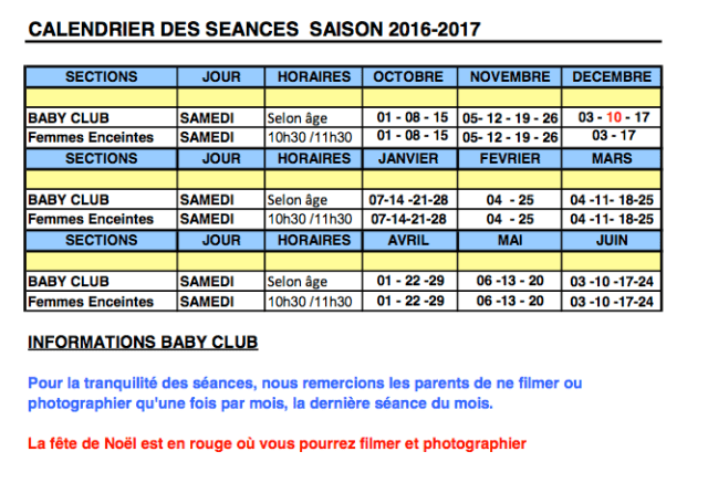 Calendrier BB nageurs 2016:2017